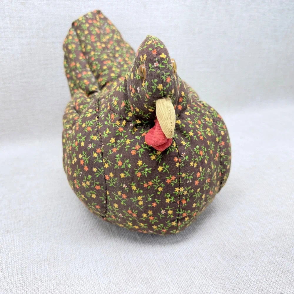 Vintage Quilted Fabric Chicken Hen Figurine Brown Floral Calico Farmhouse Decor